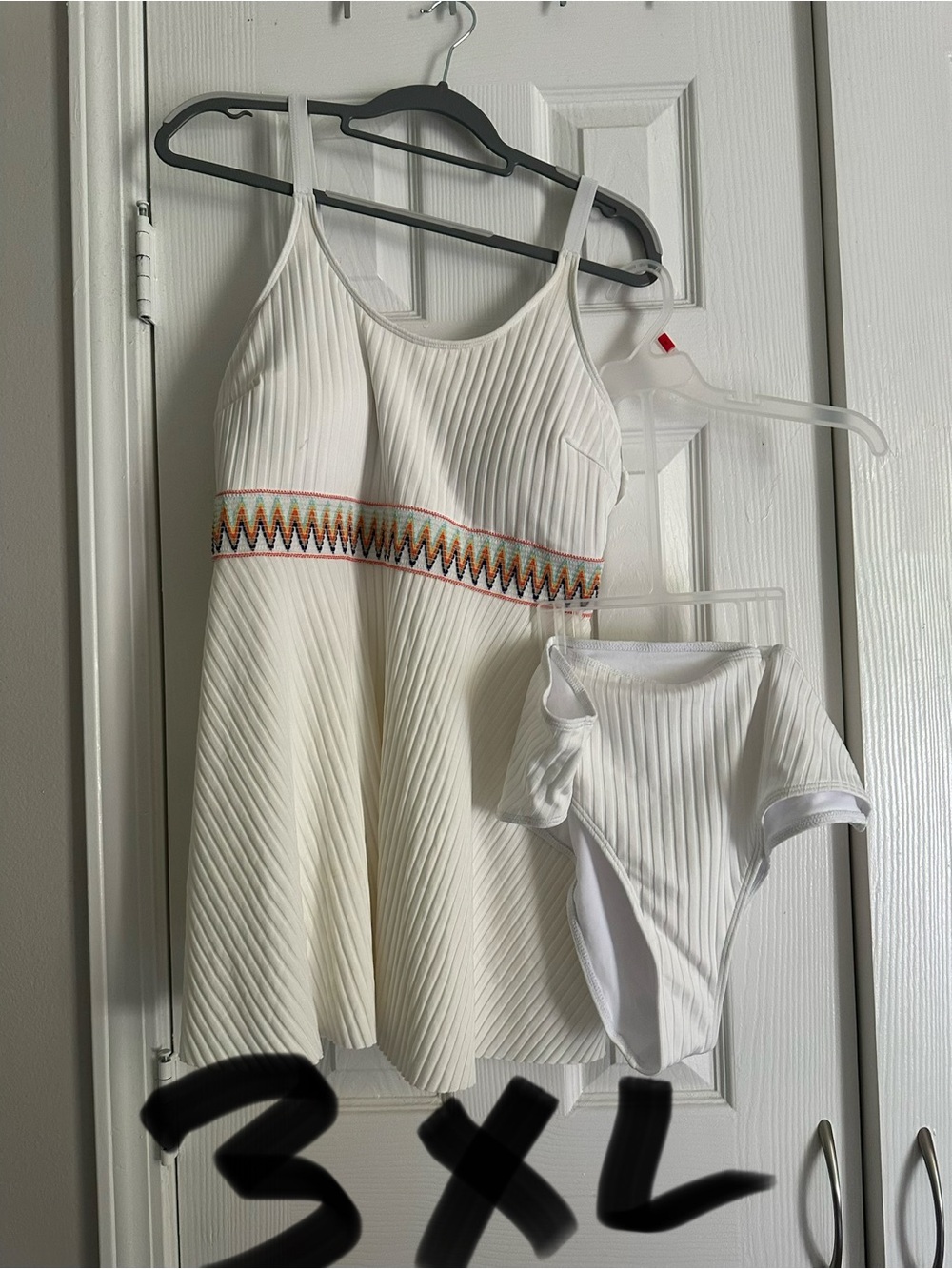 SHEIN White Ribbed Swim Dress with Multicolor Embroidered Waist